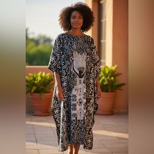 African Queen Black & Gray Kaftan Maxi Dress Overdress